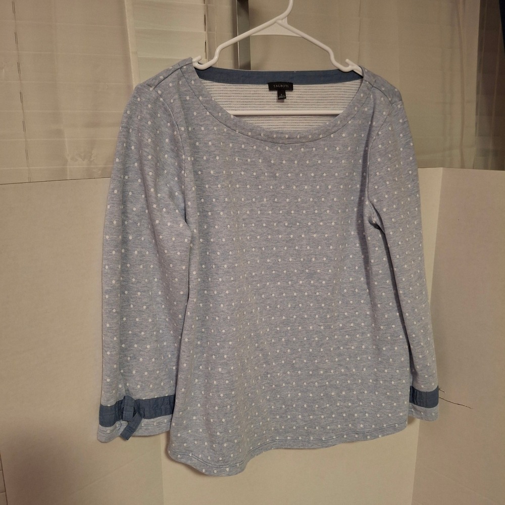 Talbots Womens Blue Polka Dot Boat Neck Long Sleeve‎ Top with Bow Cuffs Large